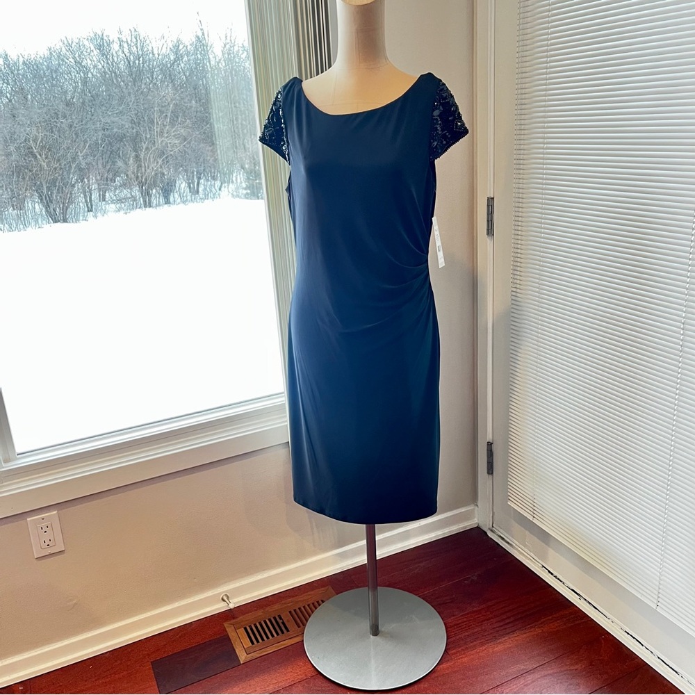 Eliza J Black Stretch Crepe Sheath Midi Dress Scoop Neck Beaded Cap Sleeves NWT